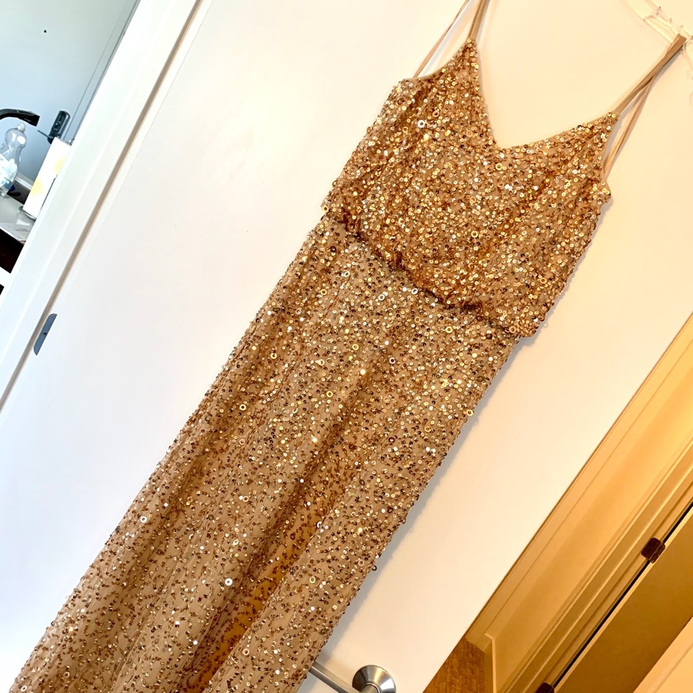 Adrianna Papell gold sequin bridesmaids dress